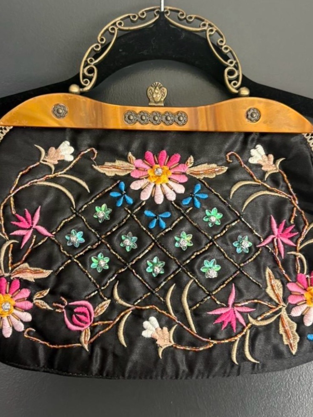 Embroidered Black Floral Evening Bag with Tortoiseshell Handle